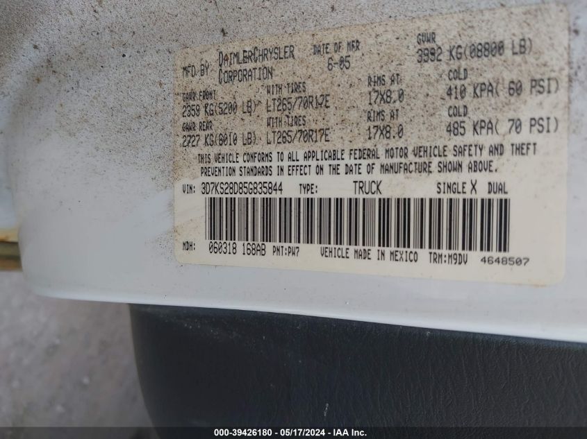 2005 Dodge Ram 2500 St/Slt VIN: 3D7KS28D85G835844 Lot: 39426180