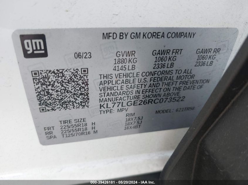 2024 Chevrolet Trax Fwd 1Rs VIN: KL77LGE26RC073522 Lot: 39426181