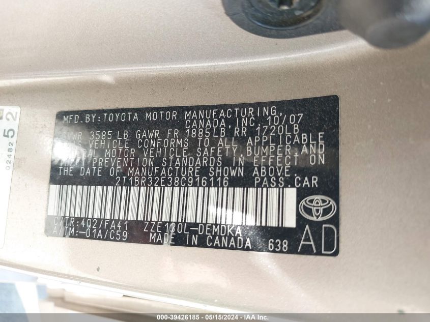 2008 Toyota Corolla Ce VIN: 2T1BR32E38C916116 Lot: 39426185