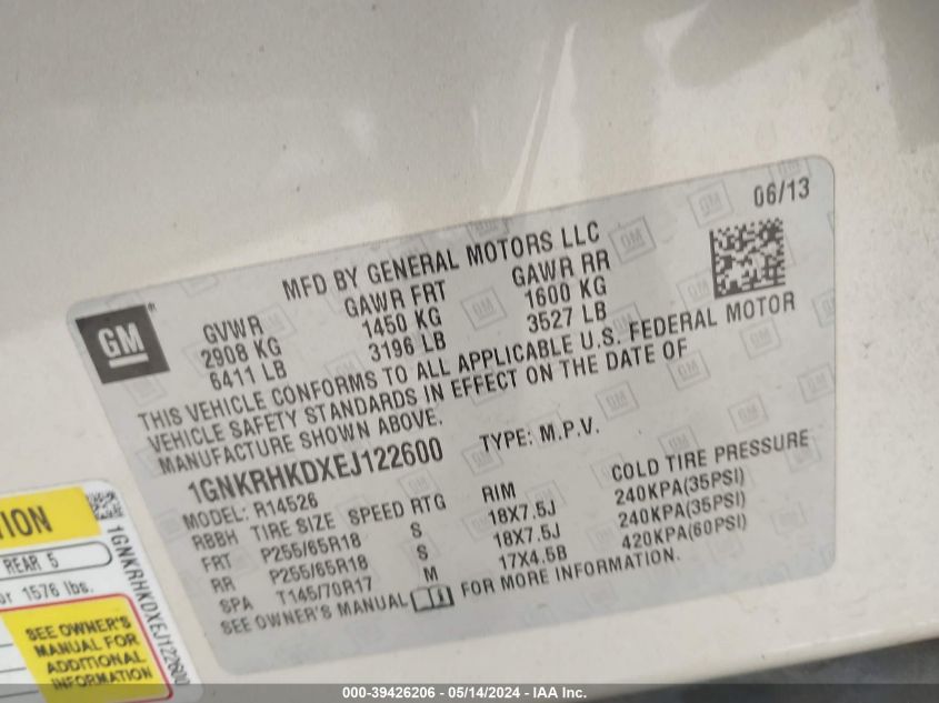 2014 Chevrolet Traverse 2Lt VIN: 1GNKRHKDXEJ122600 Lot: 39426206