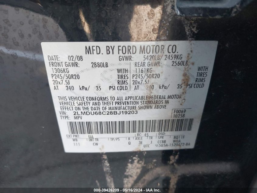 2008 Lincoln Mkx VIN: 2LMDU68C28BJ19203 Lot: 39426209