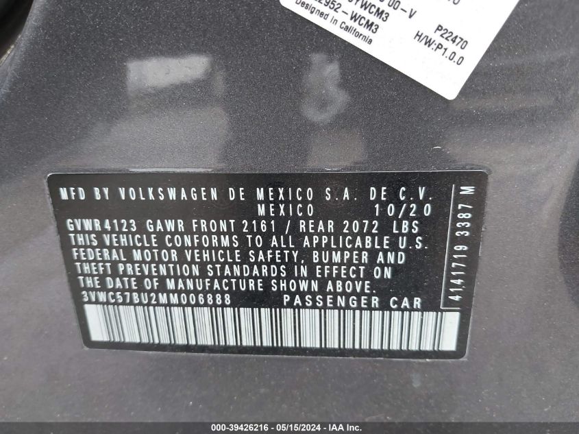 2021 Volkswagen Jetta 1.4T R-Line/1.4T S/1.4T Se VIN: 3VWC57BU2MM006888 Lot: 39426216