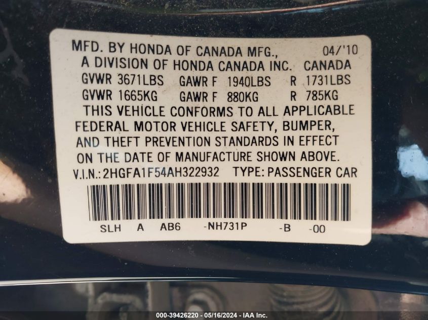 2010 Honda Civic Lx VIN: 2HGFA1F54AH322932 Lot: 39426220