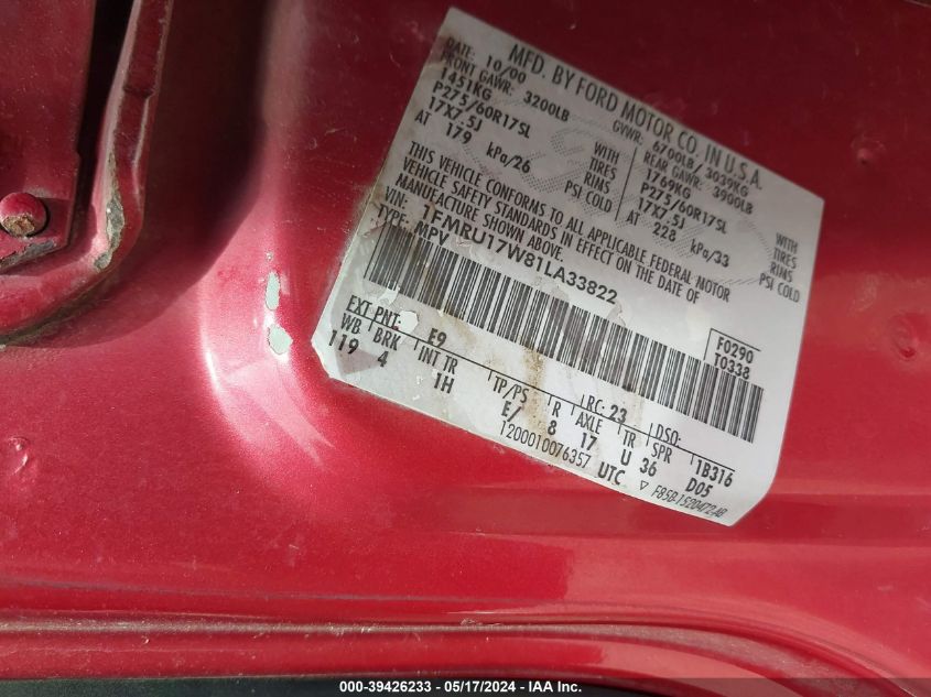 2001 Ford Expedition Eddie Bauer VIN: 1FMRU17W81LA33822 Lot: 39426233