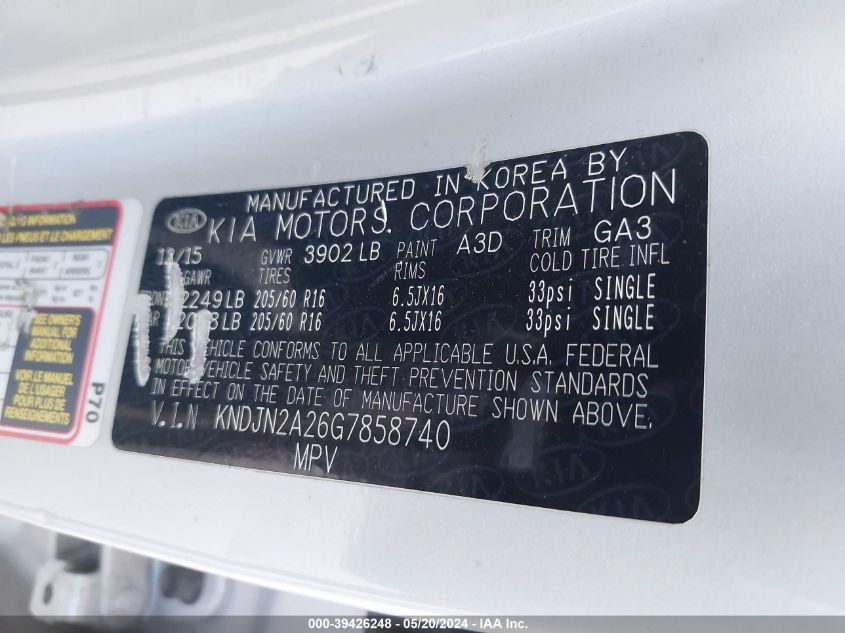 KNDJN2A26G7858740 2016 Kia Soul