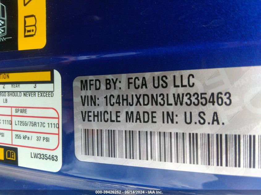 2020 Jeep Wrangler Unlimited Willys 4X4 VIN: 1C4HJXDN3LW335463 Lot: 39426252