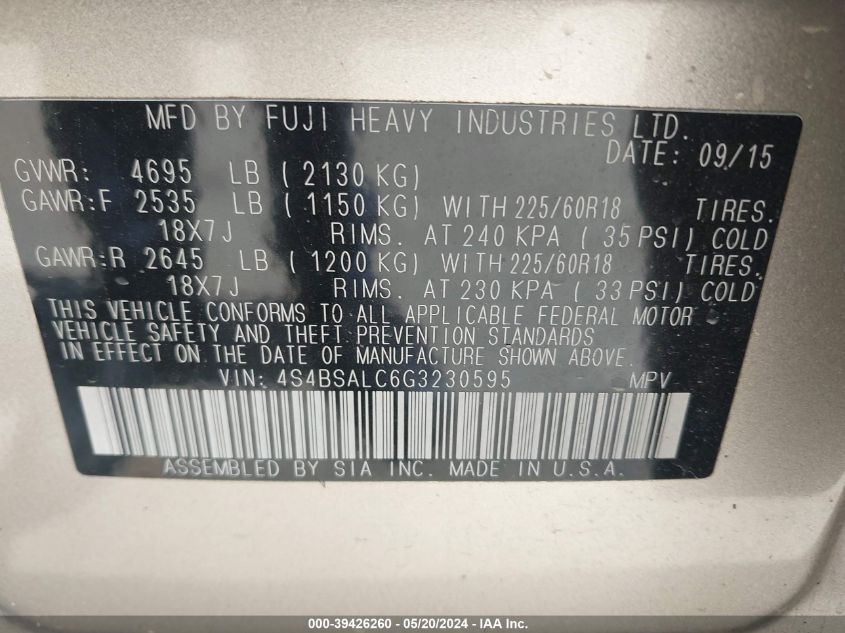 2016 Subaru Outback 2.5I Limited VIN: 4S4BSALC6G3230595 Lot: 39426260