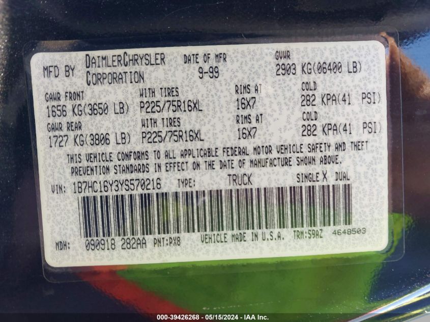 2000 Dodge Ram 1500 St VIN: 1B7HC16Y3YS570216 Lot: 39426268