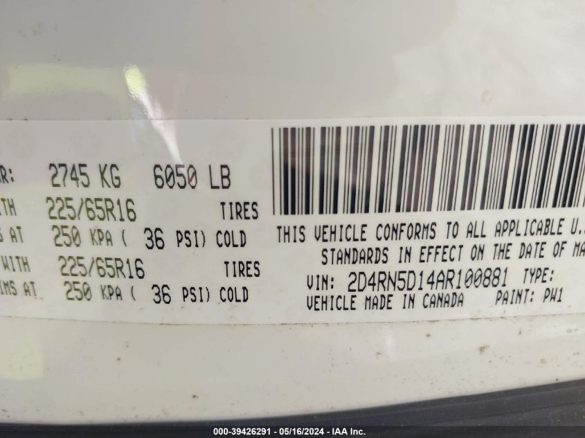 2010 Dodge Grand Caravan Sxt VIN: 2D4RN5D14AR100881 Lot: 39426291