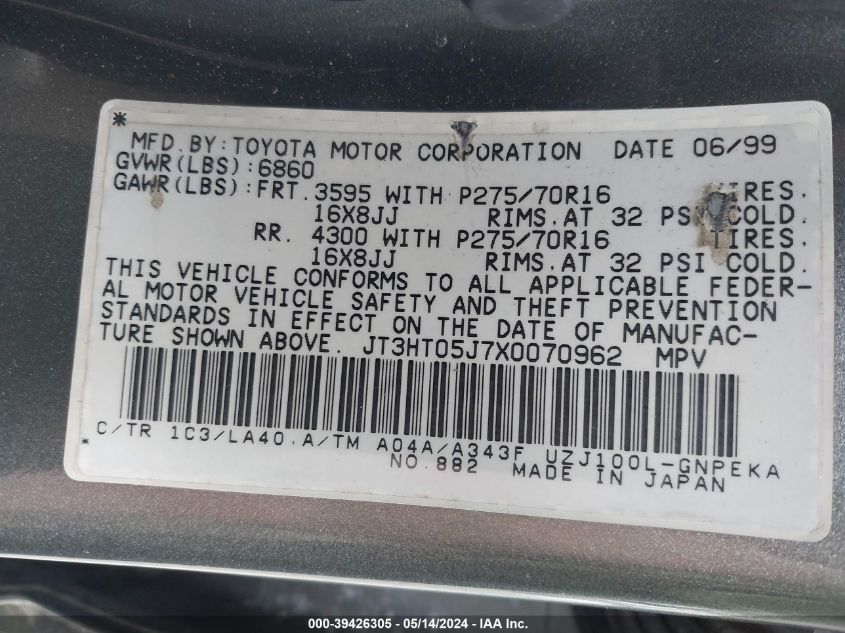 1999 Toyota Land Cruiser VIN: JT3HT05J7X0070962 Lot: 39426305