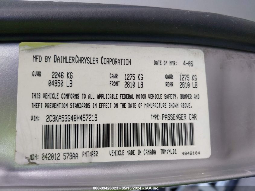 2006 Chrysler 300 Touring VIN: 2C3KA53G46H457219 Lot: 39426323