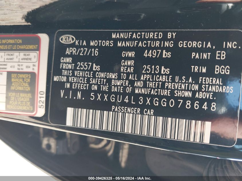 2016 Kia Optima Ex VIN: 5XXGU4L3XGG078648 Lot: 39426325