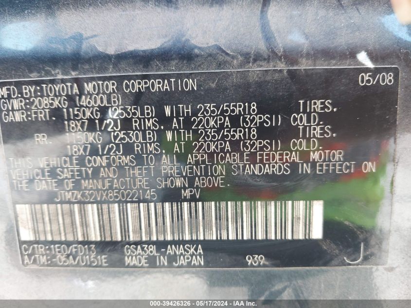 2008 Toyota Rav4 Sport V6 VIN: JTMZK32VX85022145 Lot: 39426326