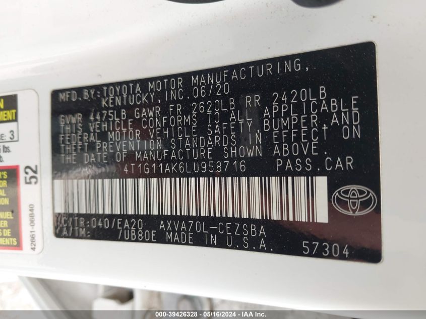 2020 Toyota Camry Se VIN: 4T1G11AK6LU958716 Lot: 39426328
