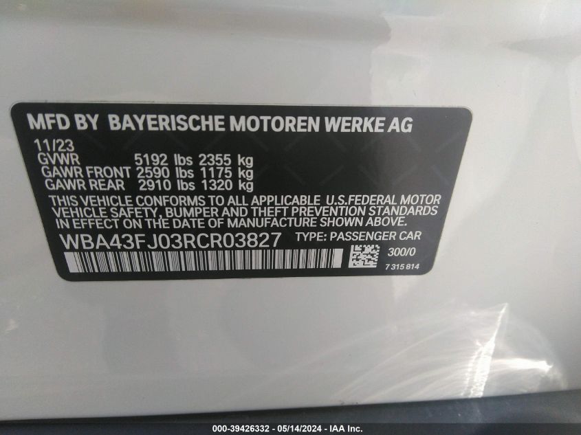 2024 BMW 530 I VIN: WBA43FJ03RCR03827 Lot: 39426332