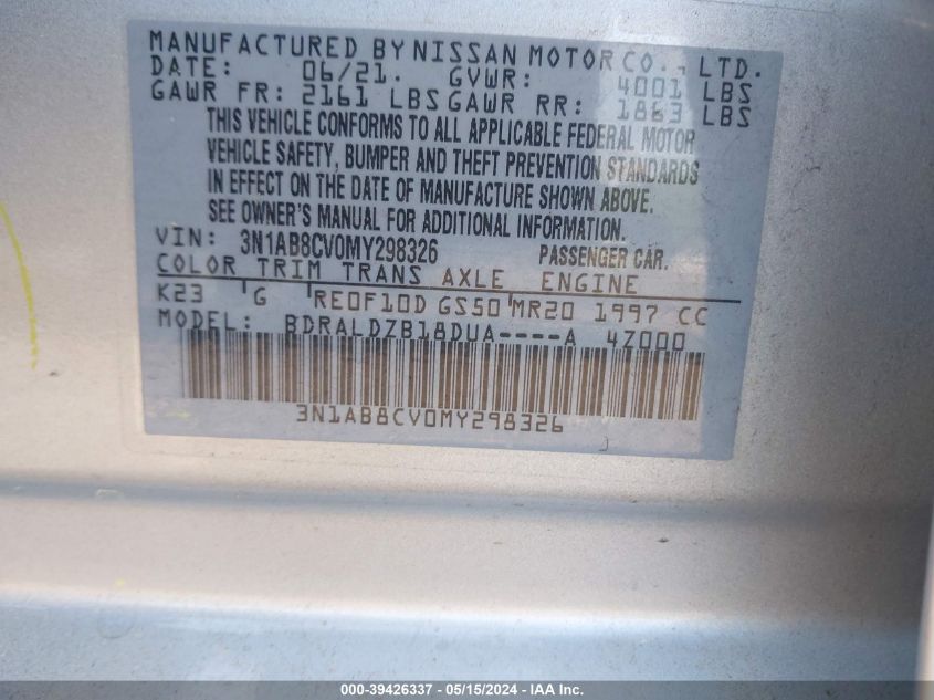 2021 Nissan Sentra Sv Xtronic Cvt VIN: 3N1AB8CV0MY298326 Lot: 39426337