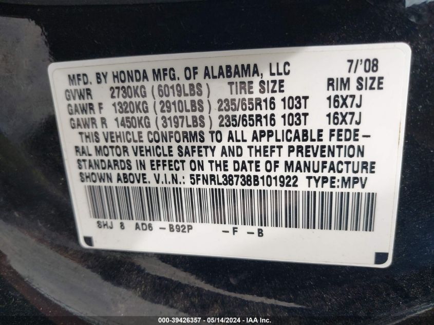 2008 Honda Odyssey Ex-L VIN: 5FNRL38738B101922 Lot: 39426357