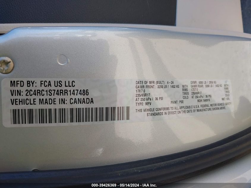 2024 Chrysler Pacifica Hybrid Select VIN: 2C4RC1S74RR147486 Lot: 39426369