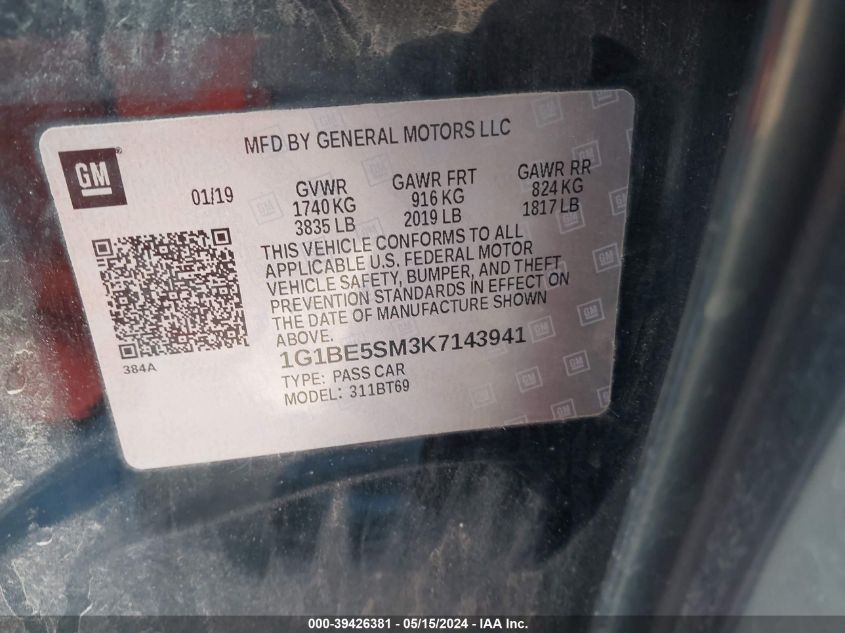 2019 Chevrolet Cruze Lt VIN: 1G1BE5SM3K7143941 Lot: 39426381