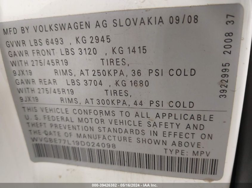 2009 Volkswagen Touareg 2 Vr6 Fsi VIN: WVGBE77L19D024098 Lot: 39426382