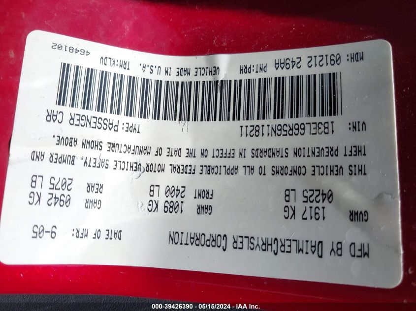 2006 Dodge Stratus R/T VIN: 1B3EL66R56N118211 Lot: 39426390