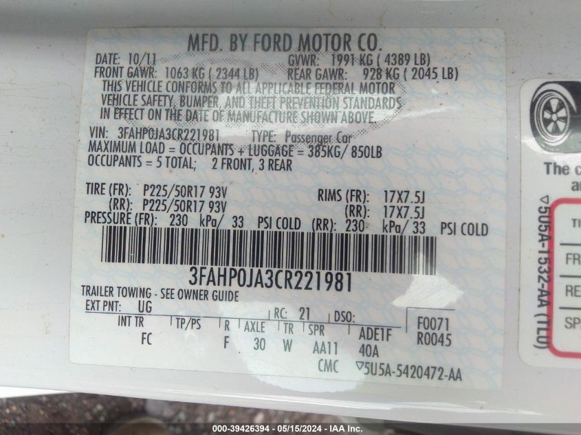 2012 Ford Fusion Sel VIN: 3FAHP0JA3CR221981 Lot: 39426394