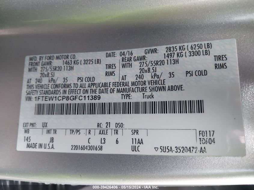 2016 Ford F-150 Xlt VIN: 1FTEW1CP8GFC11389 Lot: 39426406
