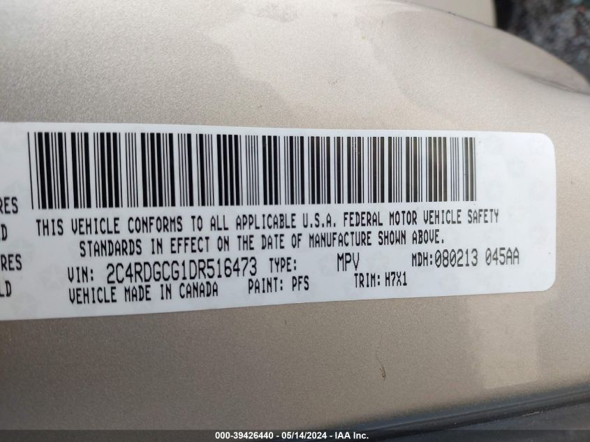 2013 Dodge Grand Caravan Sxt VIN: 2C4RDGCG1DR516473 Lot: 39426440