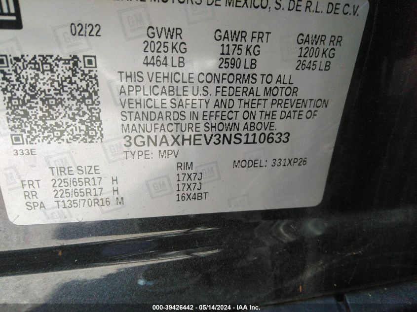 2022 Chevrolet Equinox Fwd Ls VIN: 3GNAXHEV3NS110633 Lot: 39426442