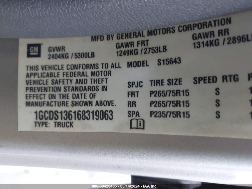 2006 Chevrolet Colorado Lt VIN: 1GCDS136168319063 Lot: 39426455