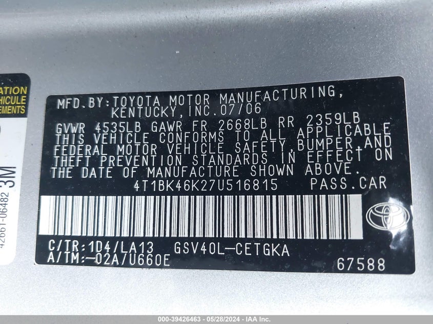 2007 Toyota Camry Xle V6 VIN: 4T1BK46K27U516815 Lot: 39426463