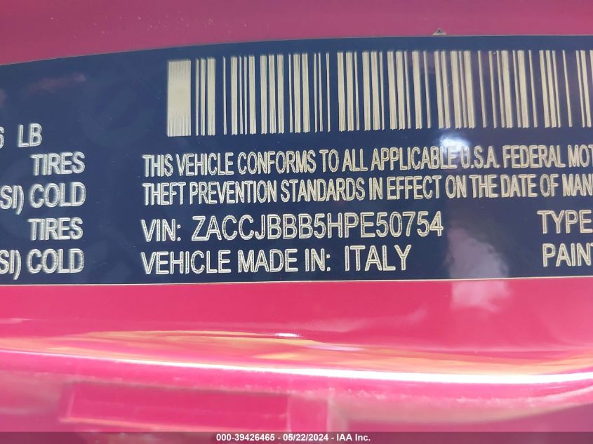 2017 Jeep Renegade Latitude 4X4 VIN: ZACCJBBB5HPE50754 Lot: 39426465