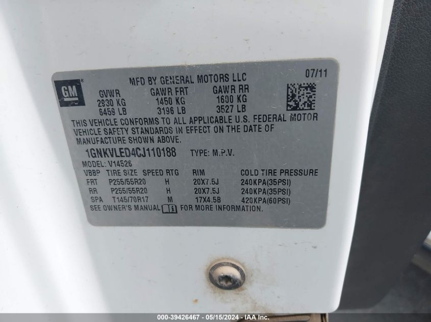 2012 Chevrolet Traverse Ltz VIN: 1GNKVLED4CJ110188 Lot: 39426467