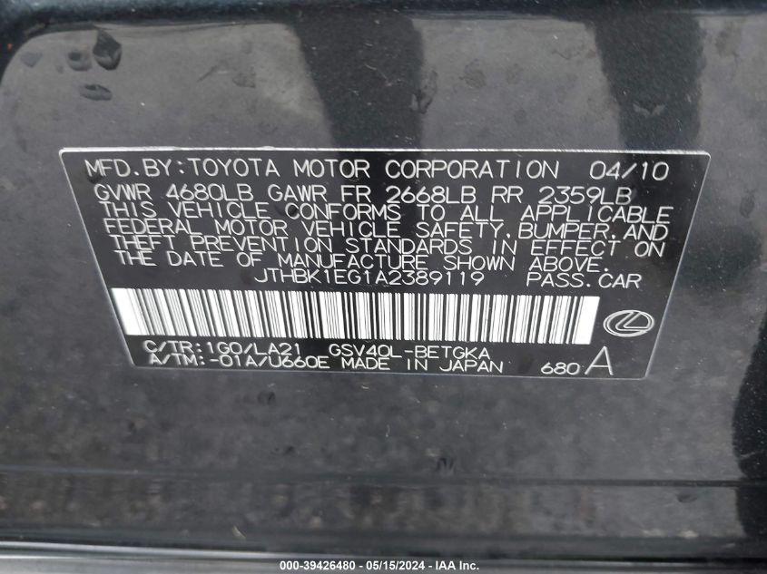 2010 Lexus Es 350 VIN: JTHBK1EG1A2389119 Lot: 39426480