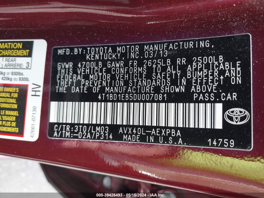 2013 Toyota Avalon Hybrid Limited VIN: 4T1BD1EB5DU007081 Lot: 39426493