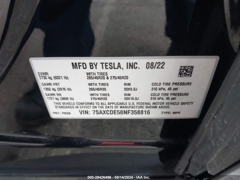 2022 Tesla Model X Dual Motor All-Wheel Drive/Plaid Tri Motor All-Wheel Drive VIN: 7SAXCDE58NF358816 Lot: 39426496