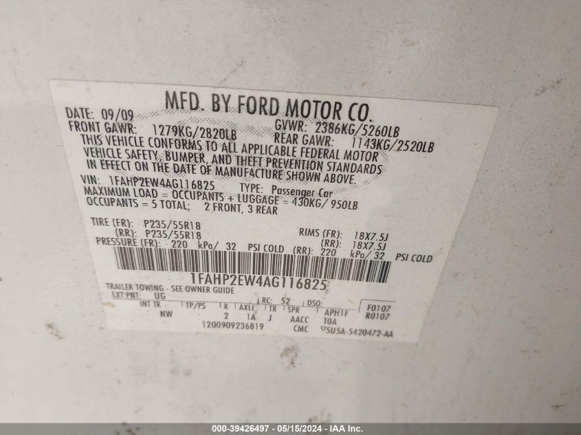 2010 Ford Taurus Sel VIN: 1FAHP2EW4AG116825 Lot: 39426497