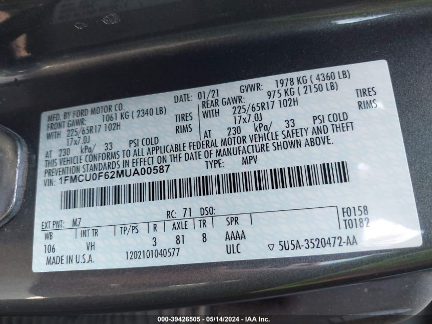 2021 FORD ESCAPE S - 1FMCU0F62MUA00587