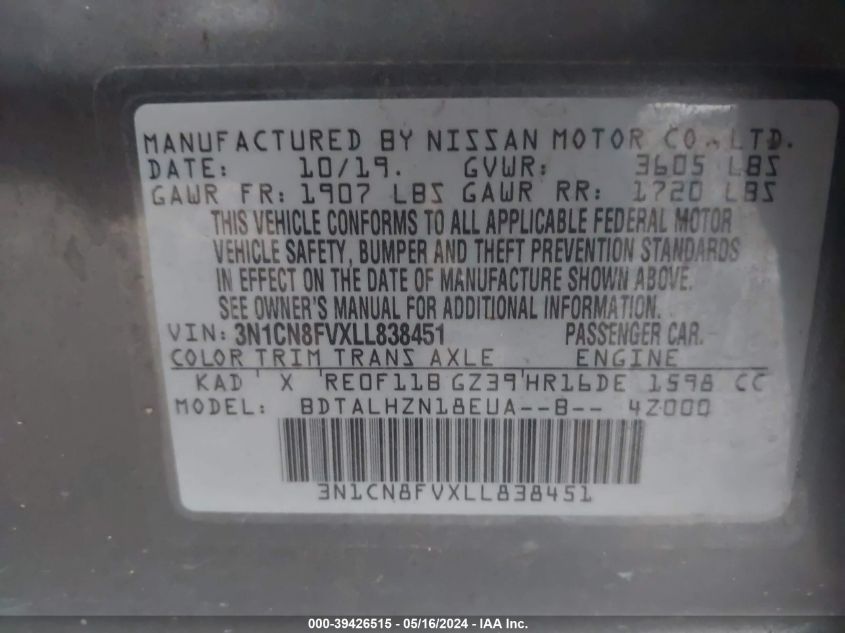 2020 Nissan Versa Sr Xtronic Cvt VIN: 3N1CN8FVXLL838451 Lot: 39426515