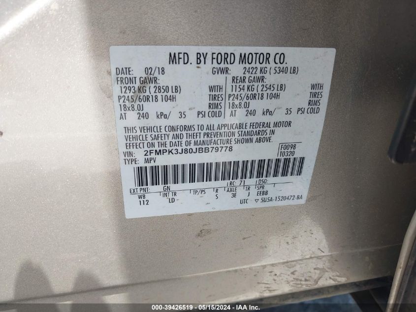 2018 Ford Edge Sel VIN: 2FMPK3J80JBB79778 Lot: 39426519