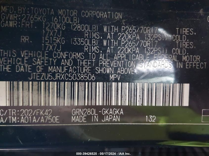 2012 Toyota 4Runner Sr5 VIN: JTEZU5JRXC5038506 Lot: 39426525