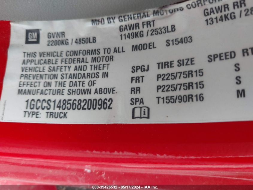 2006 Chevrolet Colorado Ls VIN: 1GCCS148568200962 Lot: 39426532