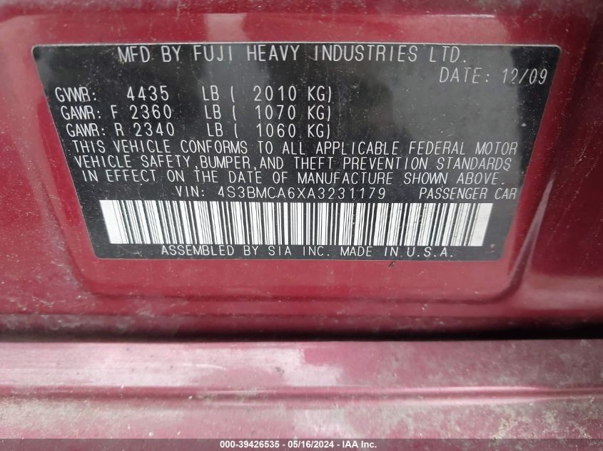 2010 Subaru Legacy 2.5I VIN: 4S3BMCA6XA3231179 Lot: 39426535