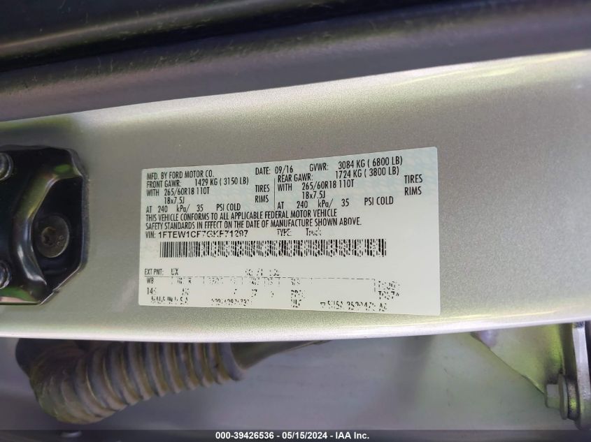 2016 Ford F-150 Xlt VIN: 1FTEW1CF7GKF71297 Lot: 39426536