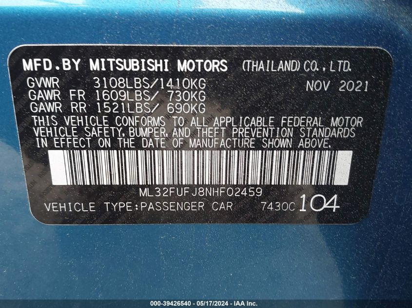 2022 Mitsubishi Mirage G4 Le VIN: ML32FUFJ8NHF02459 Lot: 39426540