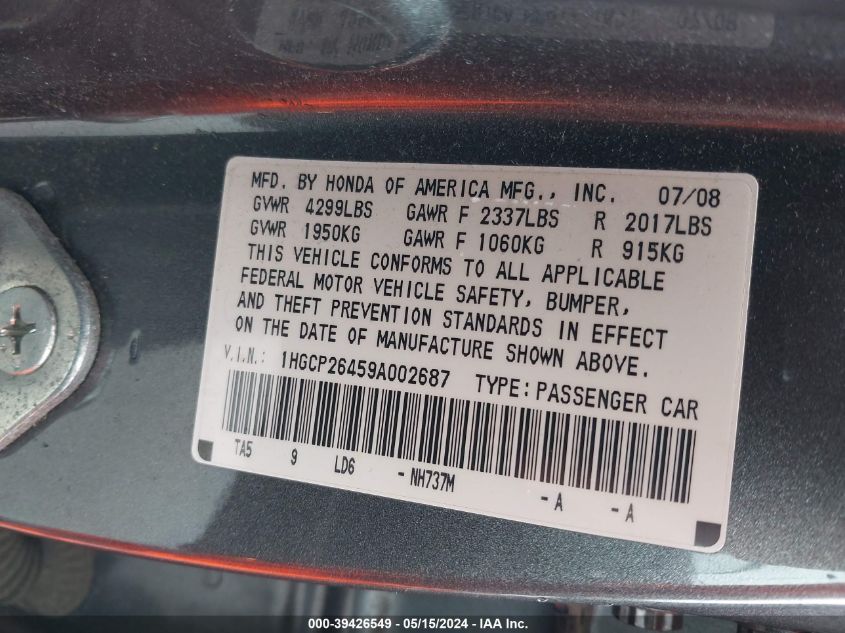 2009 Honda Accord 2.4 Lx-P VIN: 1HGCP26459A002687 Lot: 39426549