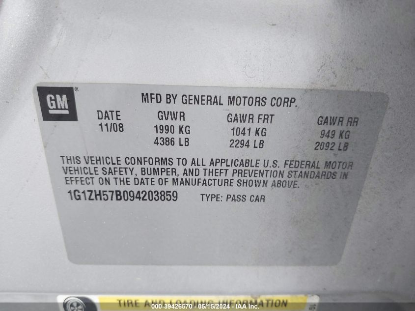 2009 Chevrolet Malibu 1Lt VIN: 1G1ZH57B094203859 Lot: 39426570