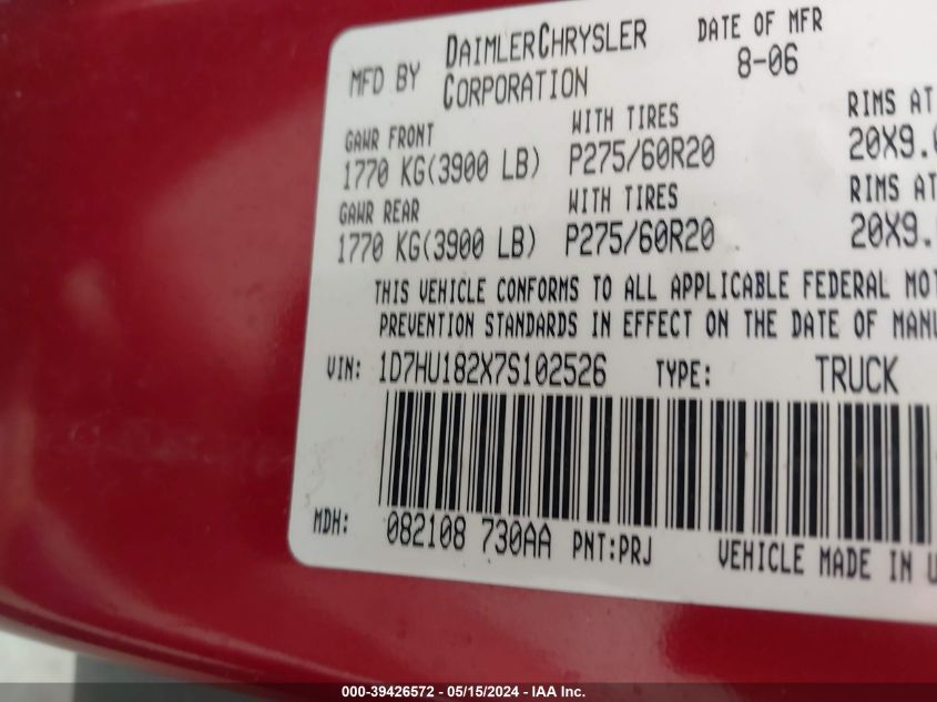 2007 Dodge Ram 1500 Slt/Trx4 Off Road/Sport VIN: 1D7HU182X7S102526 Lot: 39426572