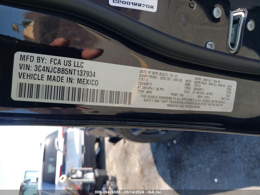 VIN 3C4NJCBB5NT137934 2022 JEEP COMPASS LATITUDE FWD