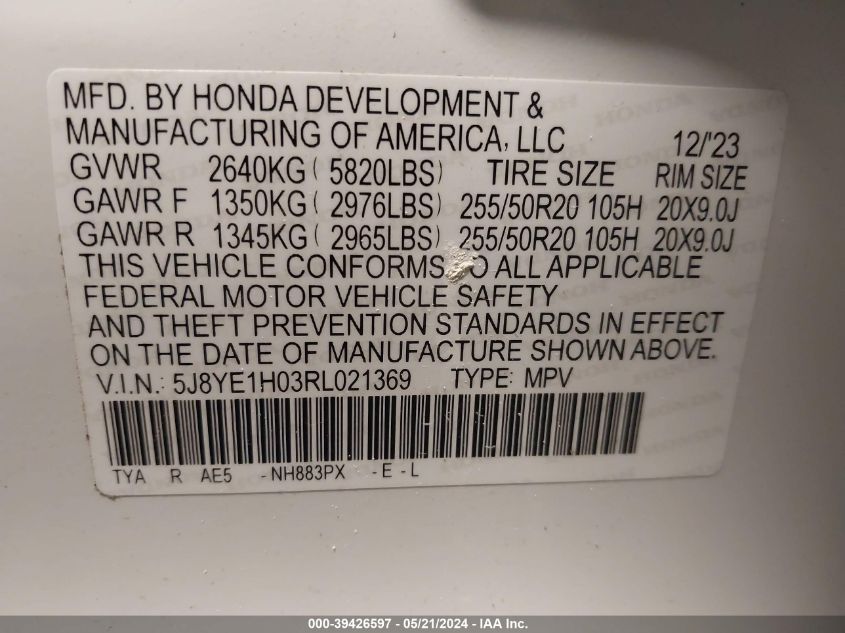 2024 Acura Mdx A-Spec VIN: 5J8YE1H03RL021369 Lot: 39426597